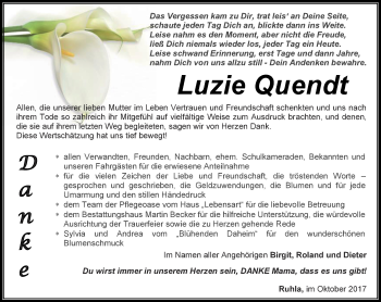 Traueranzeige von Luzie Quendt von Thüringer Allgemeine, Thüringische Landeszeitung