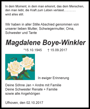 Traueranzeige von Magdalene Boye-Winkler von Thüringer Allgemeine, Thüringische Landeszeitung