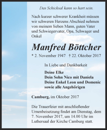 Traueranzeige von Manfred Böttcher von Ostthüringer Zeitung, Thüringische Landeszeitung