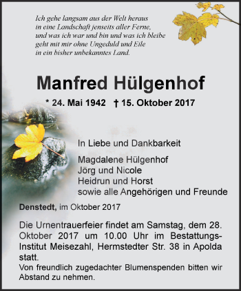 Traueranzeige von Manfred Hülgenhof von Thüringer Allgemeine, Thüringische Landeszeitung