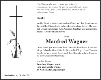 Traueranzeige von Manfred Wagner von Ostthüringer Zeitung