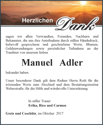 Traueranzeige von Manuel Adler