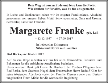 Traueranzeige von Margarete Franke