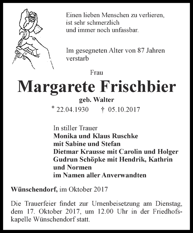  Traueranzeige für Margarete Frischbier vom 07.10.2017 aus Ostthüringer Zeitung