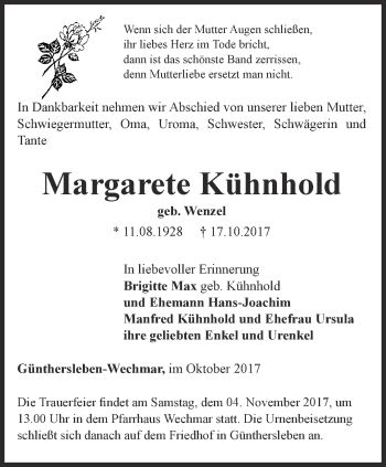 Traueranzeige von Margarete Kühnhold von Ostthüringer Zeitung, Thüringische Landeszeitung