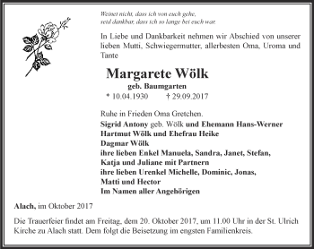 Traueranzeige von Margarete Wölk von Thüringer Allgemeine, Thüringische Landeszeitung