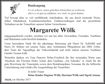 Traueranzeige von Margarete Wölk von Thüringer Allgemeine, Thüringische Landeszeitung