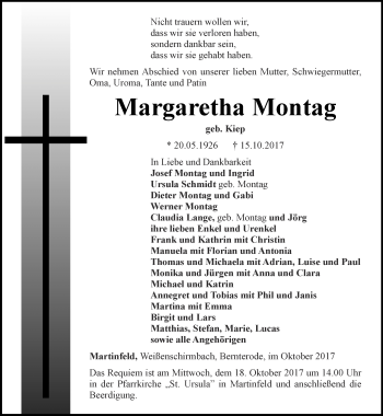 Traueranzeige von Margaretha Montag von Thüringer Allgemeine