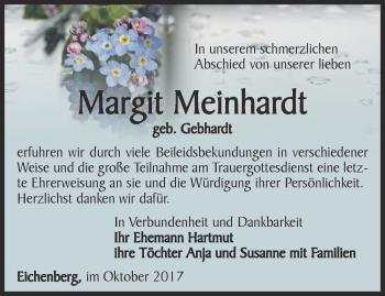 Traueranzeige von Margit Meinhardt von Ostthüringer Zeitung, Thüringische Landeszeitung