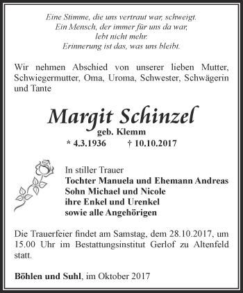 Traueranzeige von Margit Schinzel von Thüringer Allgemeine