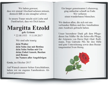 Traueranzeige von Margitta Etzold