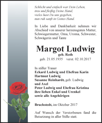 Traueranzeige von Margot Ludwig von Thüringer Allgemeine, Thüringische Landeszeitung