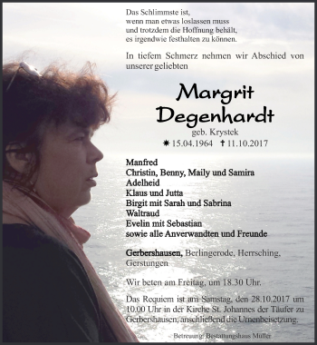 Traueranzeige von Margrit Degenhardt von Thüringer Allgemeine
