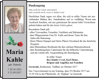 Traueranzeige von Maria Kahle von Thüringer Allgemeine