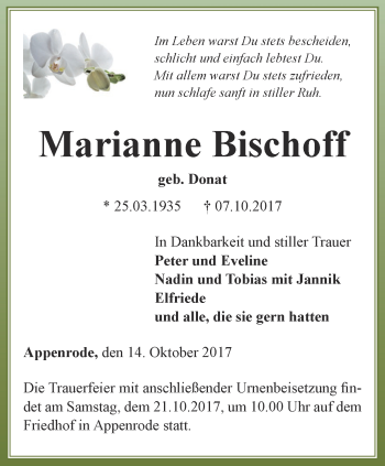 Traueranzeige von Marianne Bischoff von Thüringer Allgemeine