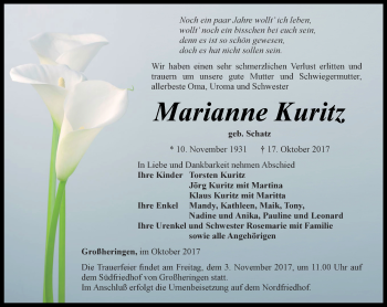 Traueranzeige von Marianne Kuritz von Thüringer Allgemeine, Thüringische Landeszeitung