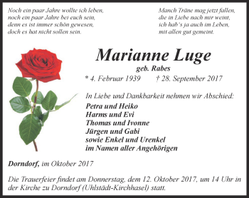 Traueranzeige von Marianne Luge von Ostthüringer Zeitung