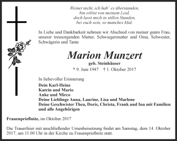 Traueranzeige von Marion Muntert von Ostthüringer Zeitung, Thüringische Landeszeitung