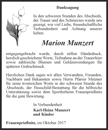 Traueranzeige von Marion Munzert von Ostthüringer Zeitung, Thüringische Landeszeitung