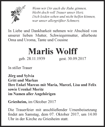 Traueranzeige von Marlis Wolff von Thüringer Allgemeine