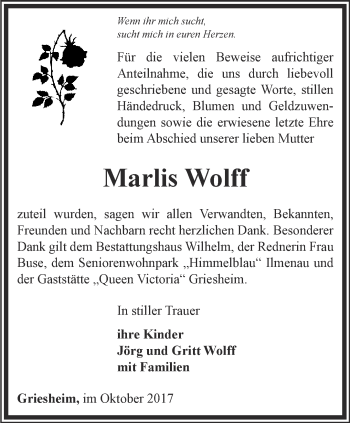 Traueranzeige von Marlis Wolff von Thüringer Allgemeine