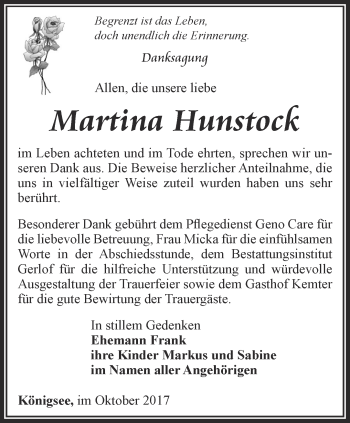 Traueranzeige von Martina Hunstock von Ostthüringer Zeitung