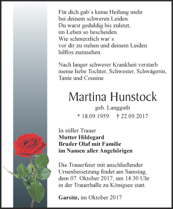 Traueranzeige von Martina Hunstock von Ostthüringer Zeitung