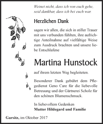 Traueranzeige von Martina Hunstock von Ostthüringer Zeitung