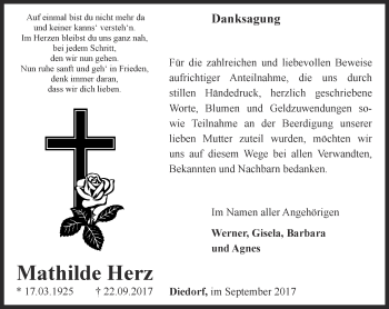 Traueranzeige von Mathilde Herz von Thüringer Allgemeine, Thüringische Landeszeitung