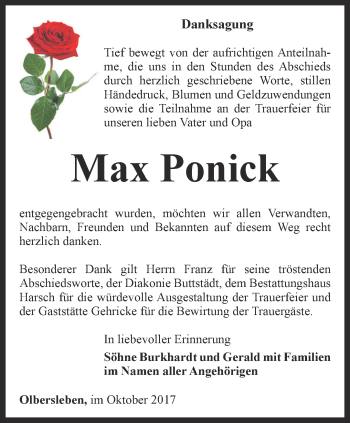 Traueranzeige von Max Ponick von Thüringer Allgemeine, Thüringische Landeszeitung