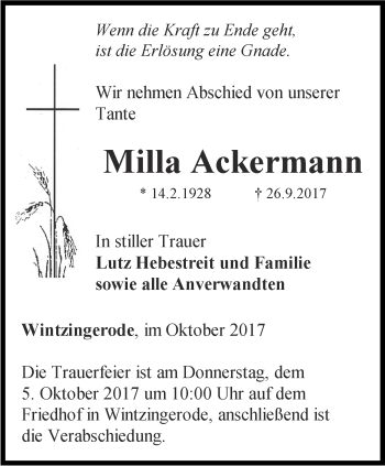 Traueranzeige von Milla Ackermann von Thüringer Allgemeine