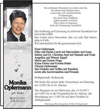 Traueranzeige von Monika Opfermann von Thüringer Allgemeine