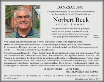 Traueranzeige von Norbert Beck von Thüringer Allgemeine, Thüringische Landeszeitung