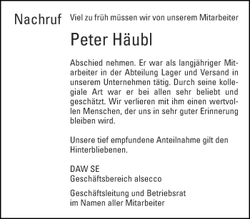 Traueranzeige von Peter Häubl von Thüringer Allgemeine, Thüringische Landeszeitung