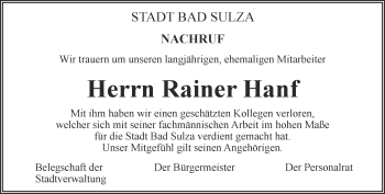 Traueranzeige von Rainer Hanf von Thüringer Allgemeine