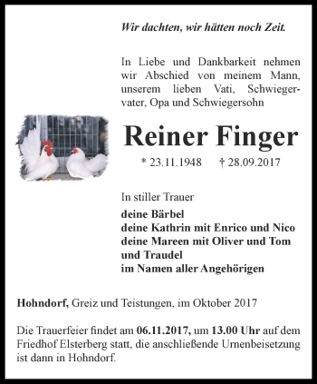 Traueranzeige von Reiner Finger von Ostthüringer Zeitung