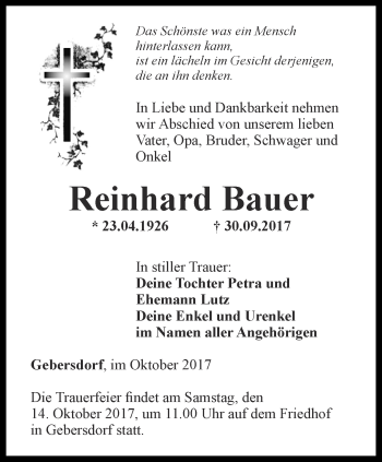 Traueranzeige von Reinhard Bauer von Ostthüringer Zeitung