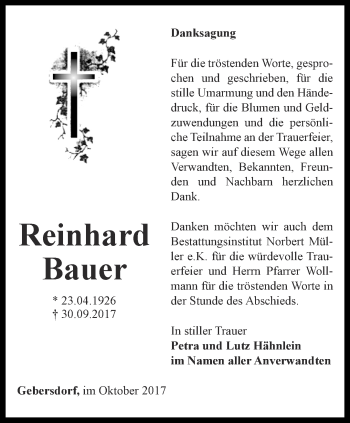 Traueranzeige von Reinhard Bauer von Ostthüringer Zeitung