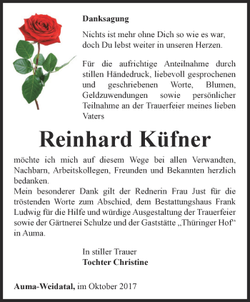 Traueranzeige von Reinhard Küfner von Ostthüringer Zeitung