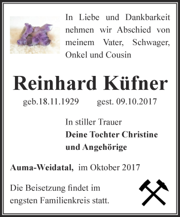 Traueranzeige von Reinhard Küfner von Ostthüringer Zeitung