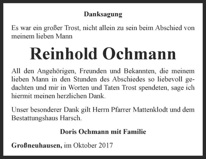  Traueranzeige für Reinhold Ochmann vom 11.10.2017 aus Thüringer Allgemeine