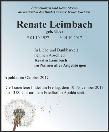 Traueranzeige von Renate Leimbach von Thüringer Allgemeine, Thüringische Landeszeitung