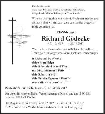 Traueranzeige von Richard Gödecke von Thüringer Allgemeine