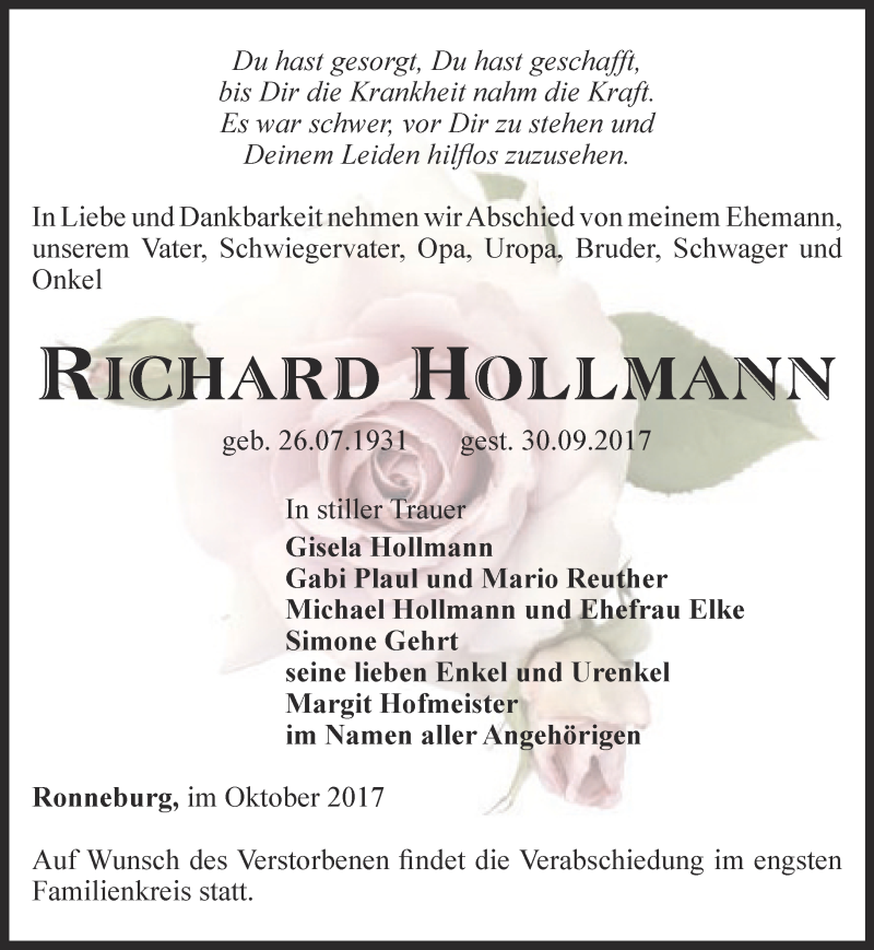  Traueranzeige für Richard Hollmann vom 07.10.2017 aus Ostthüringer Zeitung