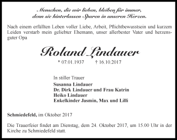 Traueranzeige von Roland Lindauer von Ostthüringer Zeitung