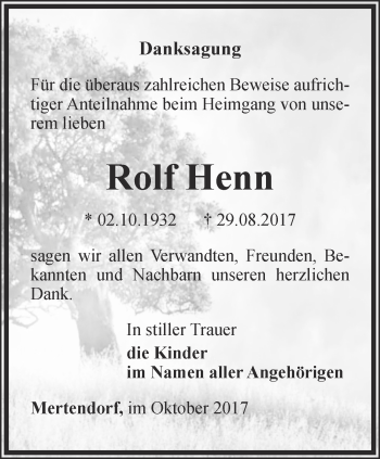 Traueranzeige von Rolf Henn von Ostthüringer Zeitung