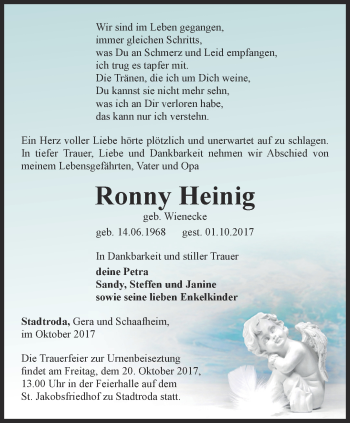 Traueranzeige von Ronny Heinig von Ostthüringer Zeitung