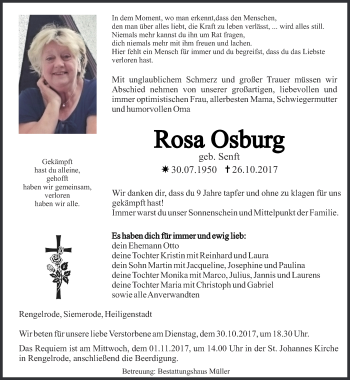 Traueranzeige von Rosa Osburg von Thüringer Allgemeine