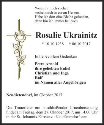 Traueranzeige von Rosalie Ukrainitz von Thüringer Allgemeine, Thüringische Landeszeitung