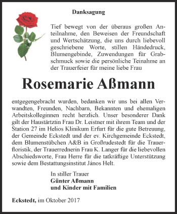 Traueranzeige von Rosemarie Aßmann von Thüringer Allgemeine, Thüringische Landeszeitung